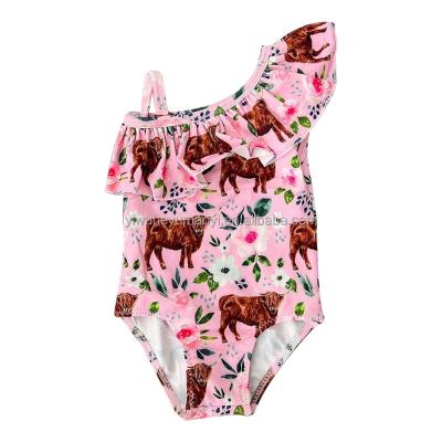 China Breathable Hot Pink Floral One-piece Swimwear Baby Kids Summer Sale Youth Girl Cow Print Ruffle Water Bikini Wear for sale