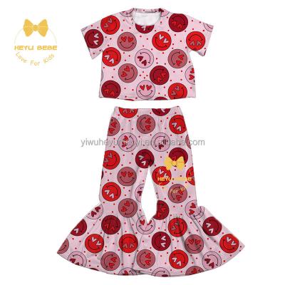 China Valentine's Day Casual Kids Two Pieces Sets Baby Smiley Print Short Sleeve Top+Flared Pants Sets Spring Kids Costumes for sale