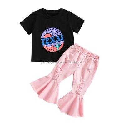 China Casual Kids Casual Two Pieces Sets Baby Letter Print Short Sleeve Top+Ripped Flared Spring Autumn Kids Suits Pants Sets for sale