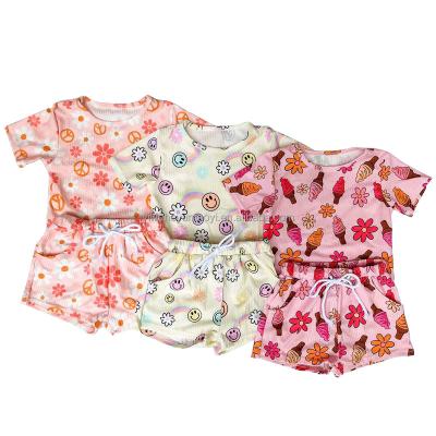 China Casual Kids Fashion Print Two Piece Sets Baby Tops+Shorts Short Sets Summer Kids Rib Knit Fabric Suits for sale