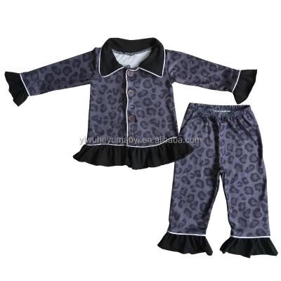 China Breathable Trending Babies Fall Winter 2pcs Pajamas Suit Leopard Print And Ruffle Cuffs Kids Sleepwear Solid Dressing Set for sale