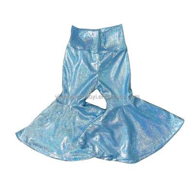 China Factory Direct Anti-pilling Children Girls Bell Bottoms Holographic Blue Glitter Fabric Kids Flare High Waist Pants Trousers for sale