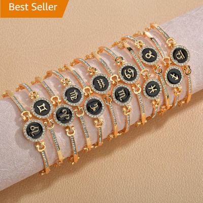 China 2021 Trendy 12 Zodiac Sign Jewelry Ladies Gold Rhinestone Bracelet Leo Virgo Libra Zodiac Bracelet for sale