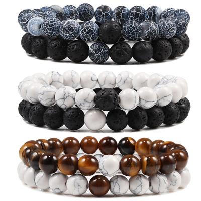 China TRENDY White Natural Rock Bracelet Elastic 8mm Rope Stone Bracelet Set Black Lava Stone Tiger Eye Volcanic Agate Couples for sale