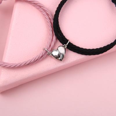 China FASHIONABLE Magnetic Valentine's Day Heart Shape Stainless Steel 2pcs Charm Couples Dangle Bracelets For Lover Friend Men Women Braid Rope for sale