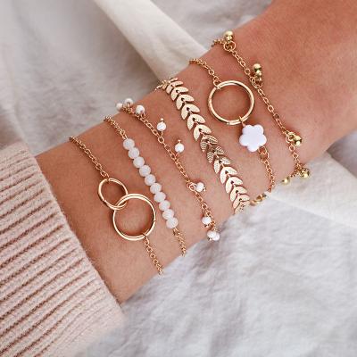 China Bohemian Jewelry Shell Pearl Layered Hand Chain Geometric Leaf TRENDY Tassel Beads Women Bracelets Set for sale