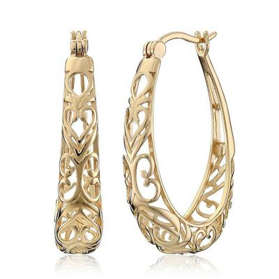 China Vintage 18k Yellow Gold Plated Filigree Retro Oval Flower Hollow Out Circle Earrings for sale