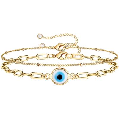 China TRENDY Tasty 14K Gold Plated Cute Evil Eye Bar Bead Adjustable Layering Layered Chain Bracelets For Women Jewelry for sale