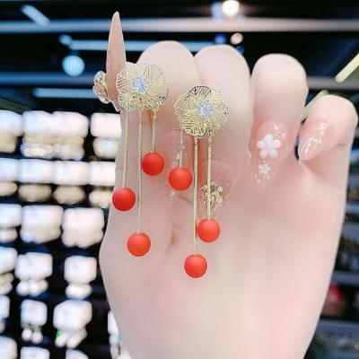 China FASHIONABLE S925 Needle Flower Design Long Red Crystal Pearl Hollow Tassel Earrings for sale