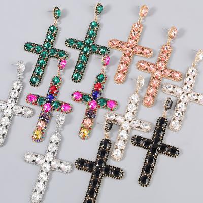 China 2021 TRENDY European and American Fashion Rhinestone Women Exaggerated Alloy Color Diamond Cross Drop Earrings for sale