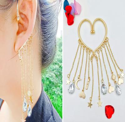 China FASHIONABLE Unpierced Crystal Moon Star Rhinestone Heart Shaped Alloy Plated Ear Hook Long Exaggerated Long Tassel Earrings for sale