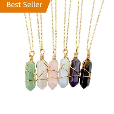 China Casual Hot Sale Bullet Shape Turquoise Natural Stone Jewelry Crystal Gold Silver Color Wire Wrapped Quartz Pendant Necklace For Women for sale