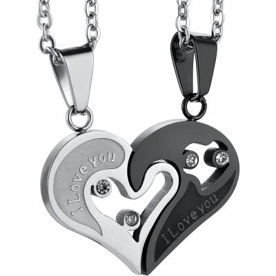 China FASHIONABLE Titanium Stainless Steel Men's Women's Love Pendant Heart Shape CZ Puzzle Matching I Love You Couple Necklace for sale