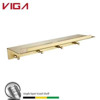 China Wall Mounted Type Customized Logo Ss 304 Bathroom Accessories Brushed Gold Single Layer Shelf for sale