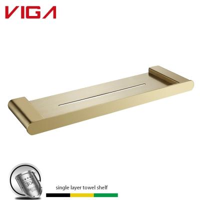 China Wall Mounted Type Good Price Gold Bathroom Accessories Wall Mounted Brushed Single Layer Shelf for sale