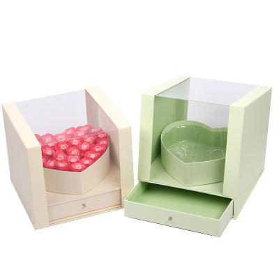 China Recyclable Romantic Heart Shaped Rose Flower Pink Acrylic Cardboard Drawer Gift Box Packaging With Window for sale