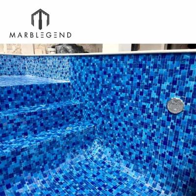 China Parquet design popular builder blue glass mosaic slab iridescent for swimming pool for sale