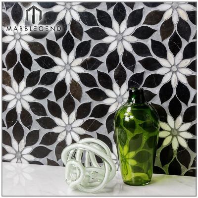 China Europe Carrara nero margiua marble design white matching black flower marble mosaic tile for sale