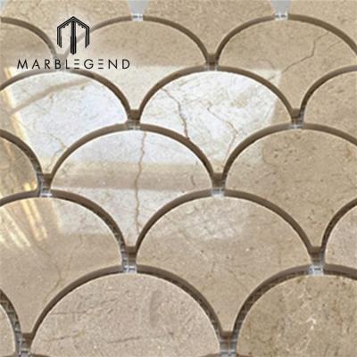 China Custom Made High Quality Natural Stone Wall Black Scale Fan Shape Marble Look Beige Mosaic Slab Flooring Mosaic Slab for sale