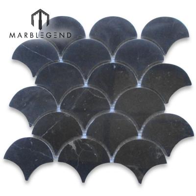 China Custom Natural Parquet Interior Design Stone Wall Black Scale Fan Shape Mosaic Slab for sale