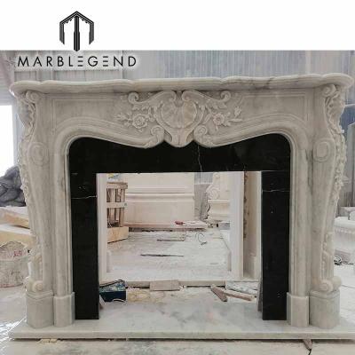 China Modern French Luxury Home Decor Interior Hand Carved Stone Mantel Fireplace Natural Marble Surrounds for sale