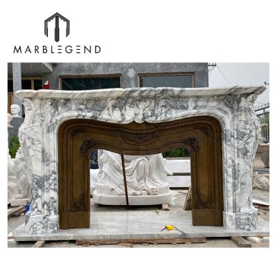 China Classic Hand Carved Elegant Villa Arabescato Marble Fireplace Mantel White Marble Surround And Fireplace Mantel With Iron Insert Panel for sale