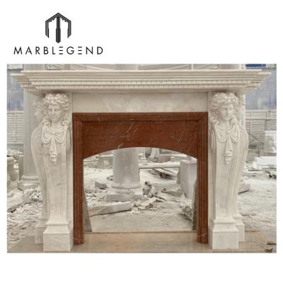 China Classic Hand Carve New Design White Marble Fireplace Surround and Fireplace Mantel Marble with Insert Red Marble Panel for sale