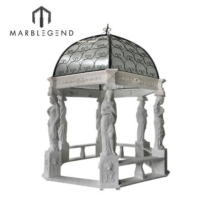 China Modern Women Sculpture Column Outdoor Hand Carved White Marble Stone Garden Gazebo With Iron Dome for sale