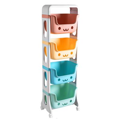 China Viable Hot Selling Plastic Cartoon Holder 4 Layers Children's Toy Book Storage Rack With Rolls for sale