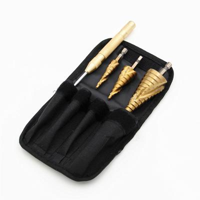 China 4 Piece Fabric Bag Groove Center Punch Spiral Hexagon Metal Drilling Stepped Drill Set for sale