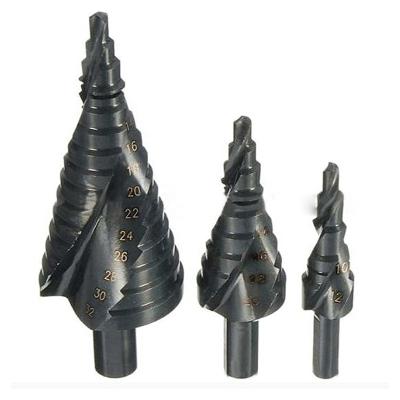 China Metal Drilling Metric Three Piece Nitriding Groove Grip High Speed ​​Steel Black Triangular Spiral Titanium Plated Step Lathe Drill Set for sale