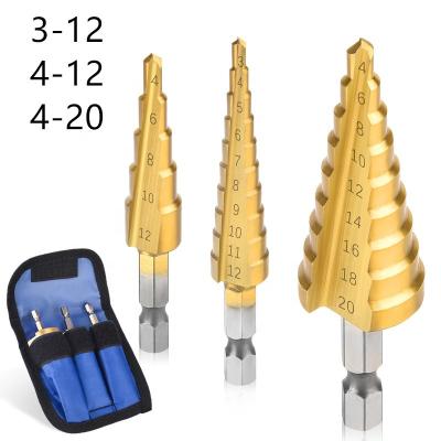 China 3Pcs Drilling Step Wood Drill Sets 3-12mm 4-12mm 4-20mm Straight Flute Step Drill Bits Titanium Coated Metal Hole Cutter Wood Drilling for sale