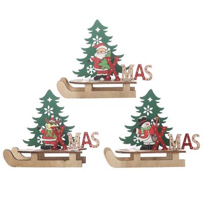 China Environmental Friendly Christmas Home Decor Creative Painted Wooden Assemble Diy Sled Car Decoration Jigsaw Puzzle Christmas Party  Decoration for sale