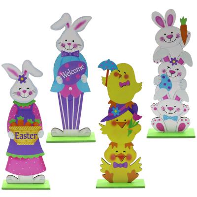 China Festival Decoration Pick Desktop Ornament Custom Wood Craft Wood Animals Craft Kits Easter Egg Rabbit Ornament For Kids Wooden for sale