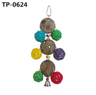 China Viable All Natural Rattan Ball Wood Blocks Coconut Shell Bird Toys For Parrot Pet Chewing Game for sale