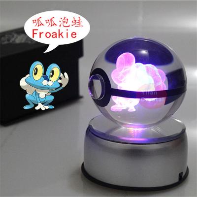 China Europe YL-B047 Wholesale Hot Sale 50-80mm 3D Laser Engraving Crystal Pokemon Froakie Ball With LED Light For Kids Gift for sale