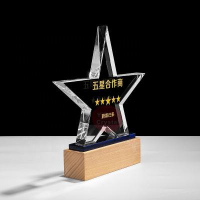 China Wholesale Europe Ready To Ship Popular Crystal Pentagram For Office Gift Beech Wood Trophy Award Shield Holder for sale