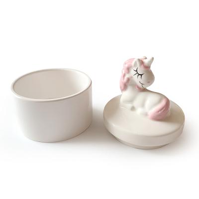 China Cheap Eco-friendly White Ceramic Round Trinket Box Personalized Unicorn Ceramic Jewelry Box for sale