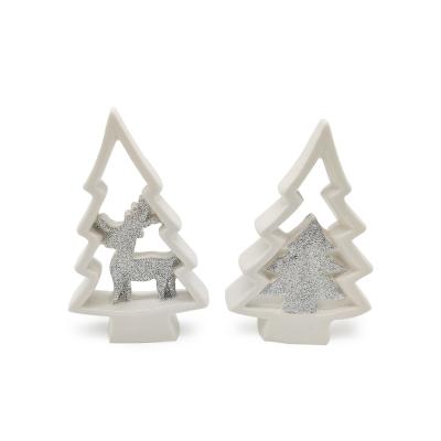 China Customized Handmade Silver Glittering Pattern Color Shape Hollow Small Ceramic Christmas Tree for sale