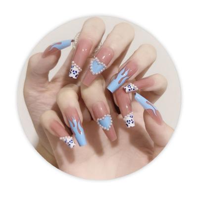 China RTS Design 24Pcs False Nail Tips Full Cover Fake Finger Nails Art Custom Nails Wholesale Artificial Nails Blue Flame Fakenails for sale