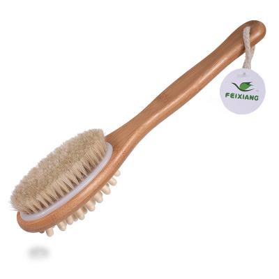 China Double Sided Horsehair Bath Brush Massage TREESMILE Double Body Massage Brush OEM Logo Bamboo Soft Dry Natural Brushes Factory Good Bristle Quality for sale