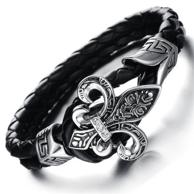 China CLASSIC Double Layer Braided Genuine Leather Fleur De Lis Lock Bracelet for sale