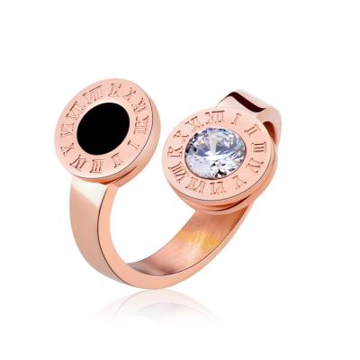 China Trendy fashion stainless steel jewelri rose gold roman numerals crystal adjustable ring women for sale