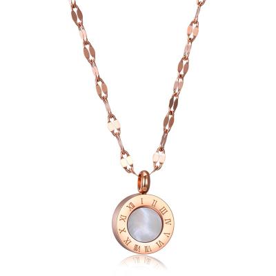 China Circle Shape Titanium 316l Stainless Steel Roman Numerals Rose Gold Sea Shell Necklace Gifts for sale