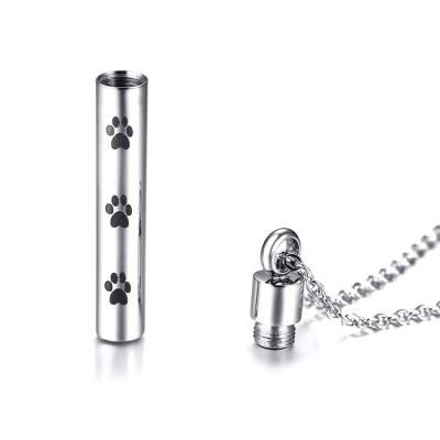 China FASHIONABLE Dog Paw Necklace For Ashes Keepsake Stainless Steel Cylinder Pet Cremation Urn Memory for sale