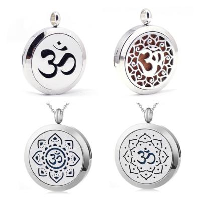 China 20mm 25mm 30mm Stainless Steel Aroma Essential Oil Diffuser Pendant OM Incantation Yoga Necklace for sale