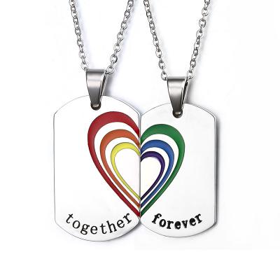 China Stainless Steel 2pcs LGBT Gay Couples Heart Pride Pendant Necklace for sale