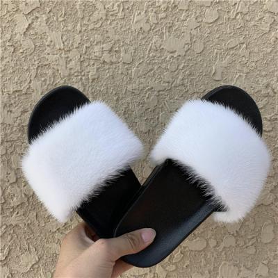 China Fashion Trend LOGO Wholesale Custom Fashion White Mink Fur Slips Design Slippers for sale