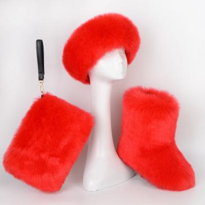 China CUSHIONING Women Winter Colorful Faux Fox Fur Snow Boots Matching Purse And Headband Boots for sale