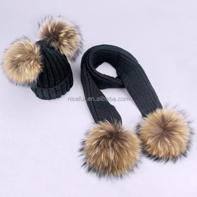 China COMMON children's two wool ball wool hat scarf set men's and women's raccoon fur pompom wool ball knitted ear set thickened wholesale for sale